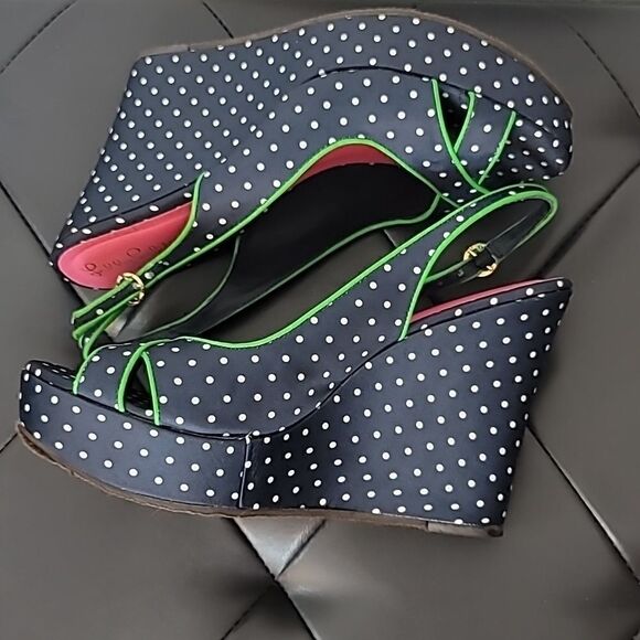 Lilly Pulitzer Polka Dot Wedge Peep Toe Sandals Navy White - Picture 8 of 11
